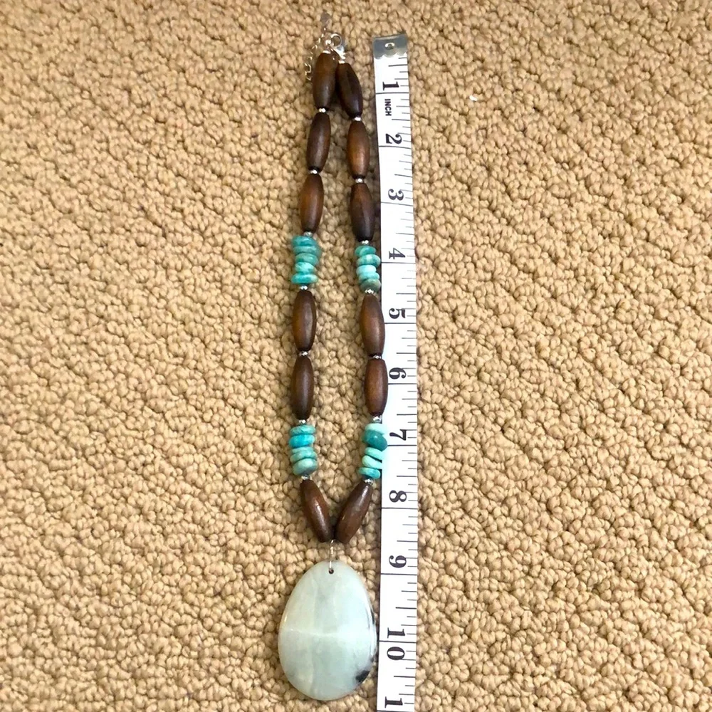 Blue turquoise & wood beaded necklace 11” with a 2” extender